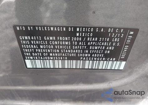 2013 Volkswagen Jetta 2.0L S из США, поврежденный, VIN 3VW1K7AJ0DM253818